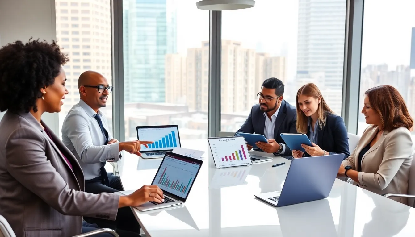 diverse investors discussing Section 8 housing investment strategies in a modern office.