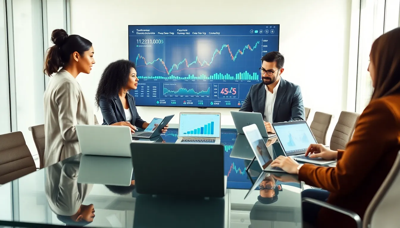professionals discussing trending economics in a modern office.