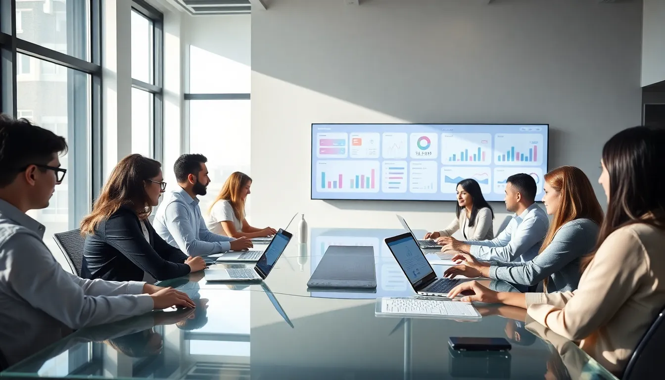diverse team collaborating on e-commerce strategies in a modern office.
