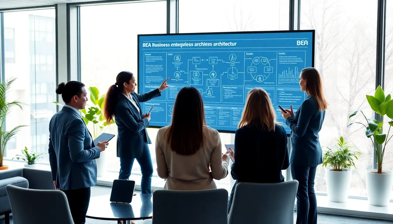 diverse team collaborating on business architecture in a modern office.