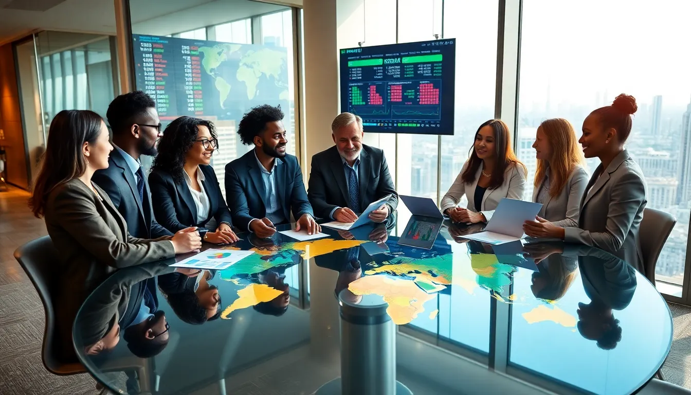 finance professionals discussing global investing in a modern office.