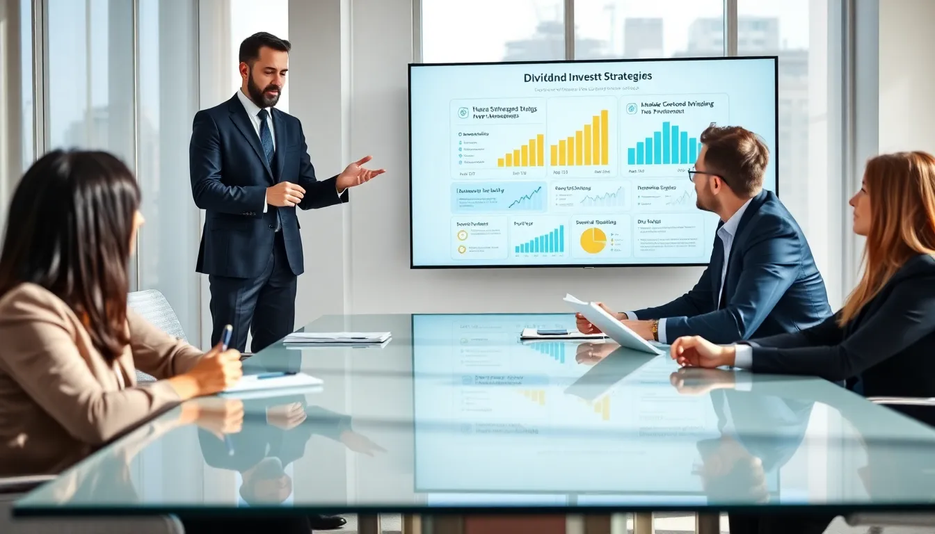 financial advisor presenting dividend investing strategies to diverse investors.