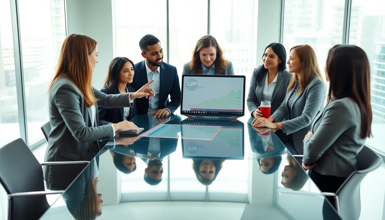 diverse professionals discussing economic trends in a modern office.