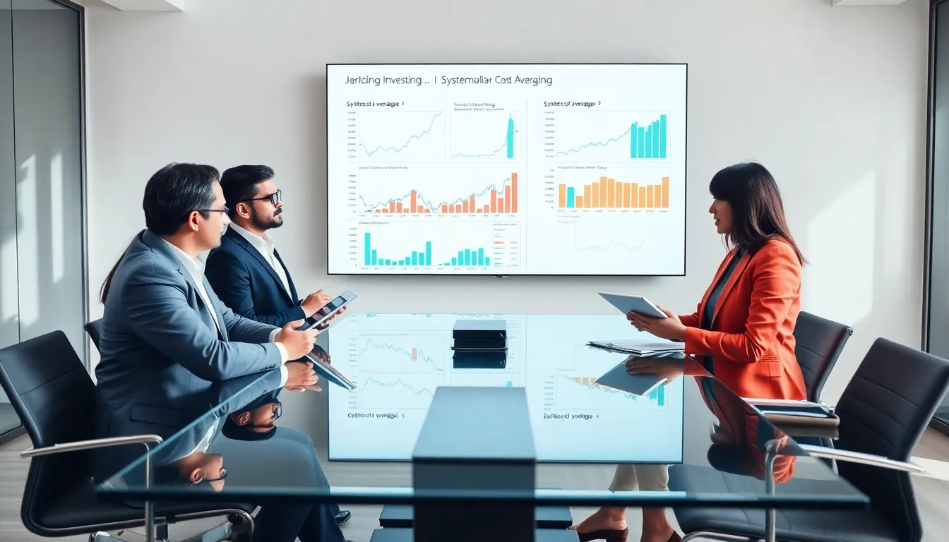 financial advisors discussing systematic investing in a modern office.
