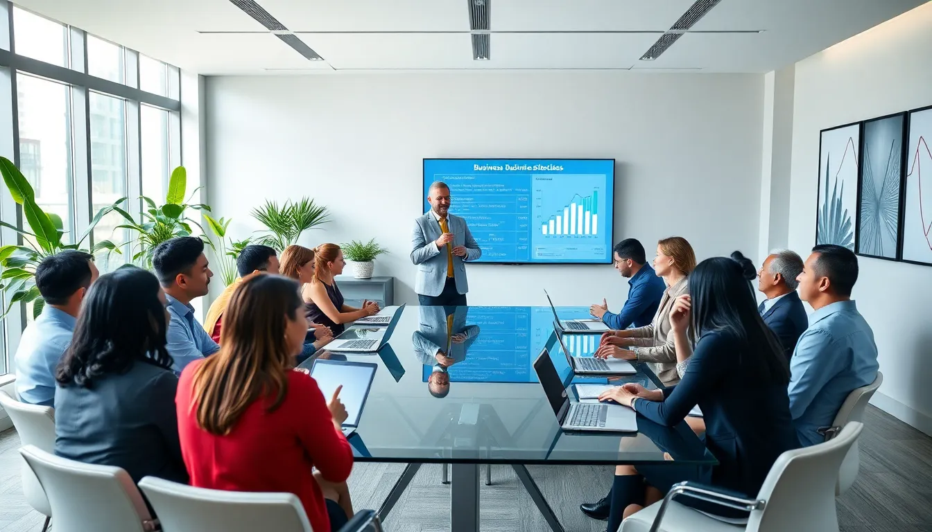 diverse professionals engaged in a business masterclass in a modern conference room