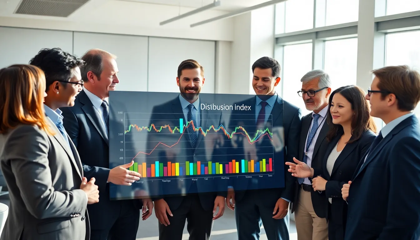 diverse economists discussing the diffusion index in a modern office.