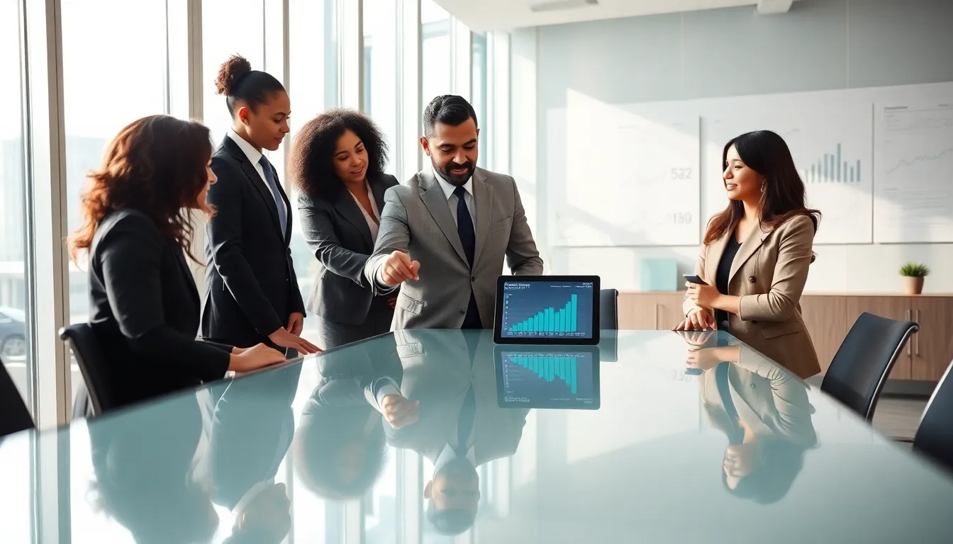 diverse team discussing economic trends around a conference table.