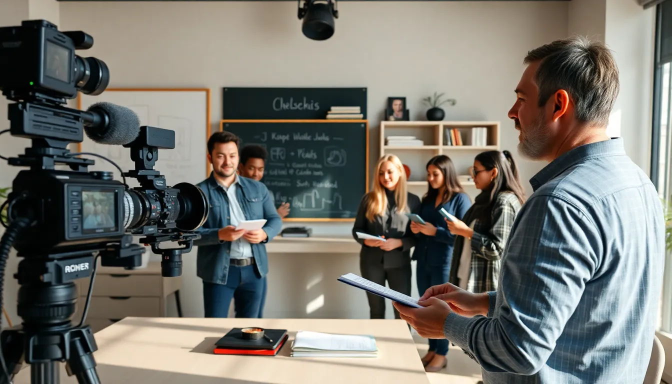 diverse professionals recording a masterclass video in a modern workspace.